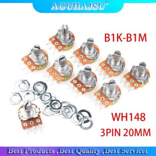 10pcs WH148 3PIN 20MM Single couplet potentiometer With Nuts B1K B2K B5K B10K B20K B50K B100K B250K B500K B1M 1K 2K 5K 10K 100K