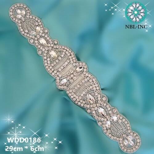 30pcs)Wholesale bridal sash hand beaded crystal rhinestone appliques iron on for wedding dresses WDD0186