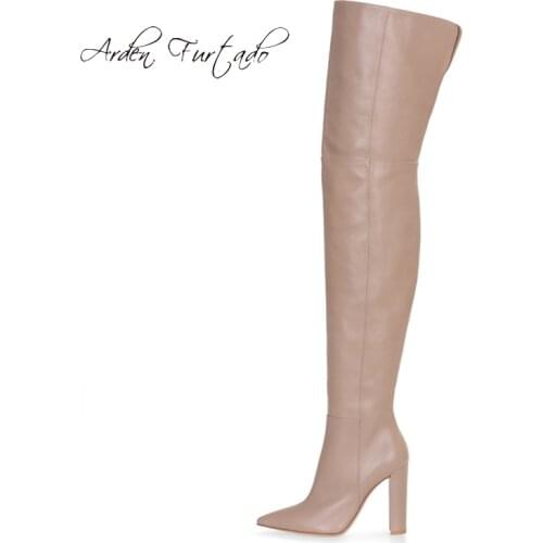 Arden Furtado Fashion Womens Shoes Winter Pointed Toe Chunky Heels Zipper Elegant Ladies Boots pure color nude Leather