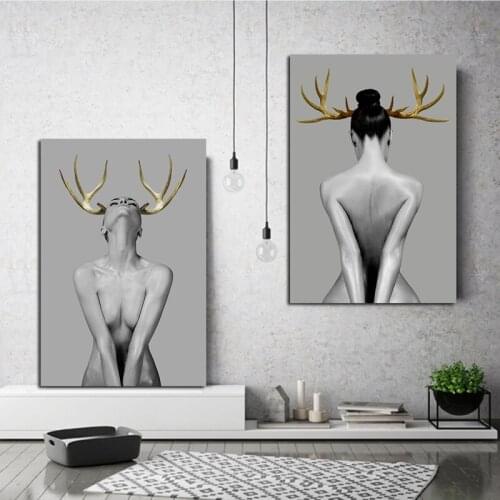 GOODECOR Modern Fashion Sexy Nude Women Golden Deer Canvas Painting Posters and Prints Wall Art for Living Room Frameless