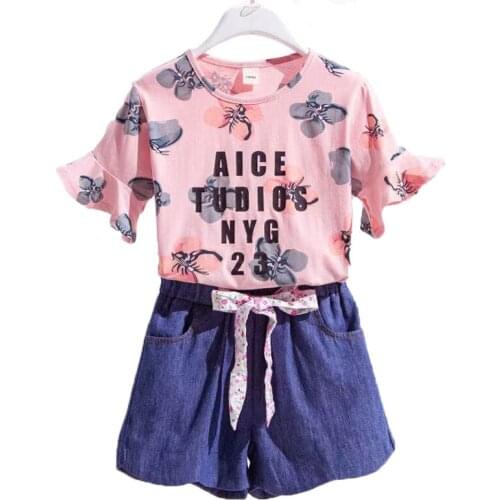 Flower Girls Clothing Set Fashion Cotton Letter T-Shirt + Short Jeans 2Pcs Suit For GIrl Children Birthday Present Kids Clothes