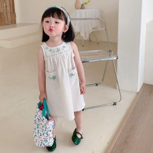 Summer Girls' Dress Korean Pocket Embroidered Flower Vest Dress Thin Washed Cotton Dress Baby Kids ChildrenS Clothing For Girl
