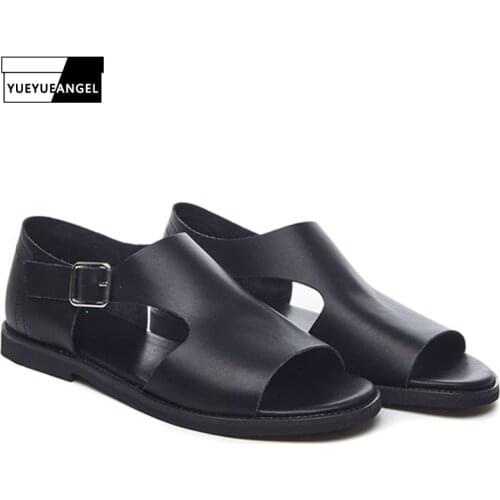 Retro Hollow Out Open Toes Mens Summer Beach Sandals Fashion Genuine Leather Gladiator Shoes High Top Casual Slippers Streetwear