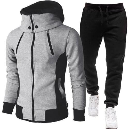 Mens Suit Sportswear Winter Jacket Fashion Scarf Collar Hooded + Pants Casual Fleece Coat Sportswear Mens Sportswear