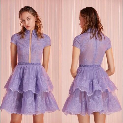 New Arrival Lace Evening Dresses High Collar Short Sleeves Appliques Tiered Prom Gowns 2020 Fashion Custom Made Party Dress