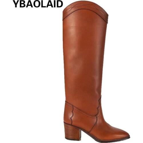 Pure Color Exquisite Embroidered Pattern High-heeled Fashion Boots New Style Cowhide Pointed Toe Thick-heeled Catwalk High Boots