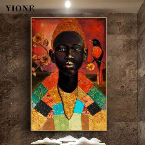 Retro African Boy Oil Painting Custom Portrait Black Man with Colorful Robe Bird Abstract Canvas Prints Wall Art Poster Picture