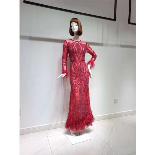 Red Long Sleeves Feather Fashion Ladies Belt Bling Bling Evening Party Dark Gowns1669 For Women Wedding Party Graduation Formal