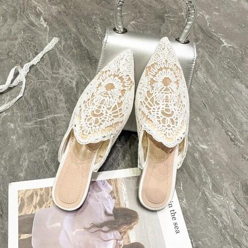 Womens Flats Mule Leisure Mesh Lace Floral Embroidery DIY Slip on Slipper Hollow Summer Shoes Slides Pointed Toe Black White