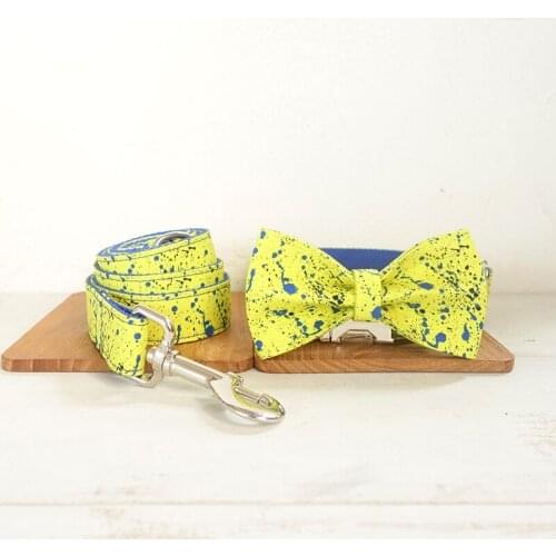 Dog collar and leash set with bow tie for big and small dog cotton fabric collar rose gold metal buckle