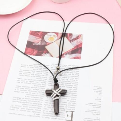 WEIYU Alloy Wood Cross Pendant Necklaces PU Leather Rope Long Collier Statement Necklace For Women Men Religious Jewelry