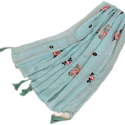 Women Embroider Floral Hijab Scarf Cotton Tassels Shawls Muslim Pashmina Wraps Headband Large Spring Scarves 180*95cm 1PC Retail