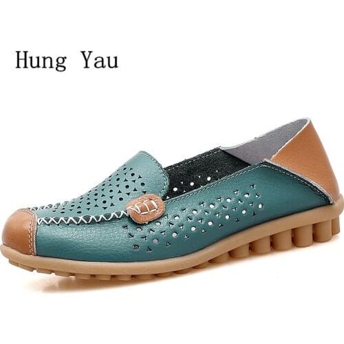Women Shoes Flats Genuine Leather 2018 Summer Sandals Fashion Hollow Casual Shoes Woman Flat Slip On Walking Loafers Plus Size