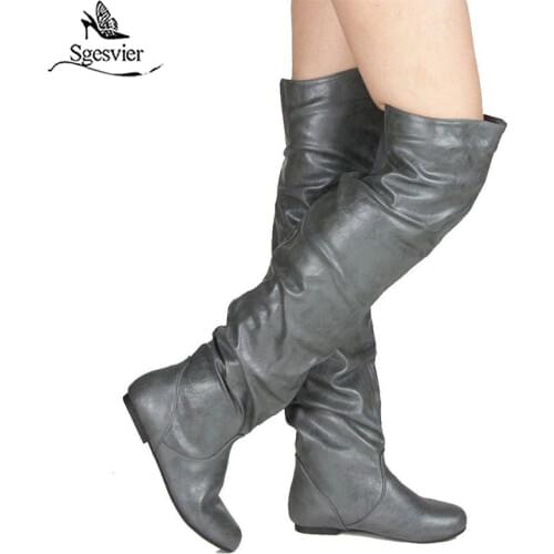 SGESVIER Over The Knee Boots Women Pu Elastic Boots Female Round Toe Shoes Concise Flat Shoes Autumn Winter 2019 Plus Size 34-48