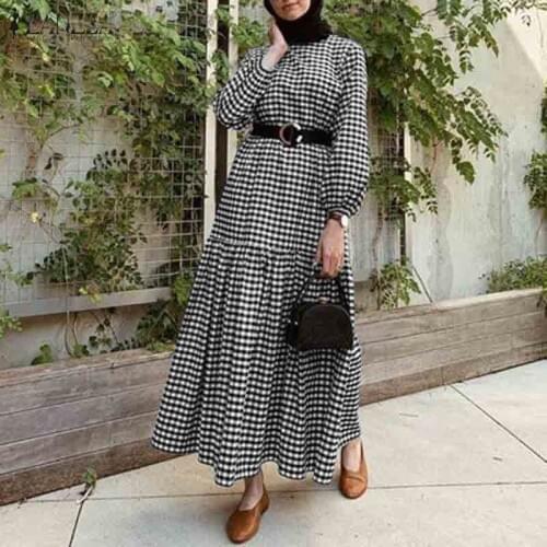 ZANZEA Women Autumn Plaid Checked Sundress Muslim Dress Vintage Long Puff Sleeve Party Dress Plus Size Kaftan Vestido Femme Robe