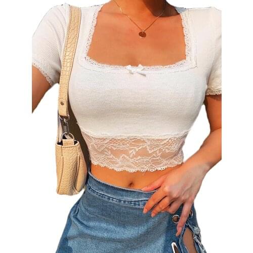 Women Bow Crop Top Short Sleeve Square Collar Lace Pullover Summer Sexy Exposed Navel Solid Color Clothes