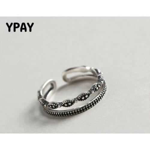 YPAY Vintage Double-Layers Dot Adjustable Ring for Women Men Genuine 925 Sterling Silver Bague Korean 2019 Fine Jewelry YMR771