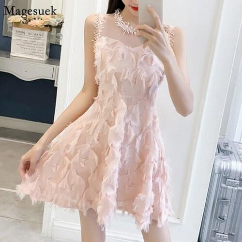 Women 2021 Feather Tassel Embroidery Lace Summer Dress Sleeveless Sexy Sling Dress A-line Zipper Party Mini Pink Dresses 13718