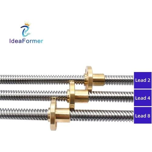 1 Set T8 Diameter 8mm Pitch 2mm Lead 2/4/8mm Trapezoidal Spindle Lead Screw Length 200/250/300/350/400/500/600mm with Brass Nut