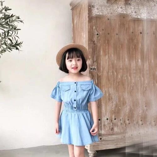 2021 Summer New Children Clothing Girls Korean Denim Two-Piece High-Waist Short-Sleeved Top + Short Skirt Suit Baby Kids Clothes