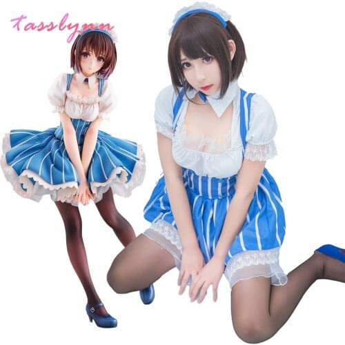 Anime Saekano: How to Raise a Boring Girlfriend Katou Megumi Plaid Maid Stripe Dress Women Cosplay Costume Dress + Headress