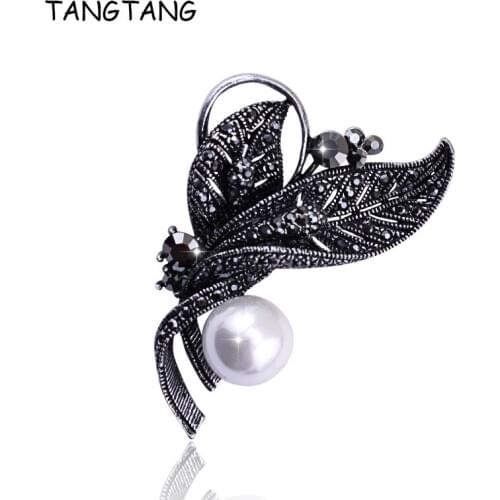 Vintage Leaf Full Rhinestone Flower Brooches for Women Pearl Black Leaves Brooch Pin Jewelry High Quality New Year Gift BH8412