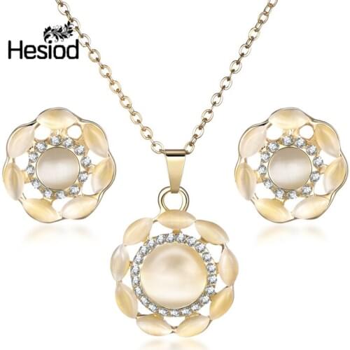 Hesiod Beautiful Crystal Opal Round FLower Pendant Stud Earrings Wedding Jewelry Sets for Women