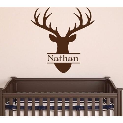 Personalized Name Wall Decal Nursery Decor Deer Head Style Wall Sticker Custom Boy Name Vinyl Wall Mural Deer Home Decor AY337