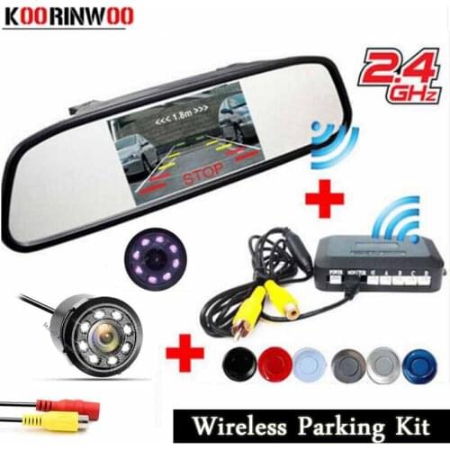Koorinwoo 2021 Wireless Car parking Sensor Radars Assist system Kit Parktronic 4.3 Mirror Monitor Rearview Camera Sensor Adapter