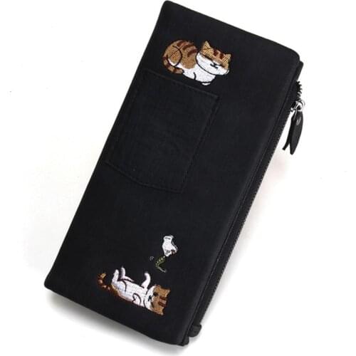 Jeans style wallet Neko Atsume cat embroidered canvas large capacity long zipper wallets women purse
