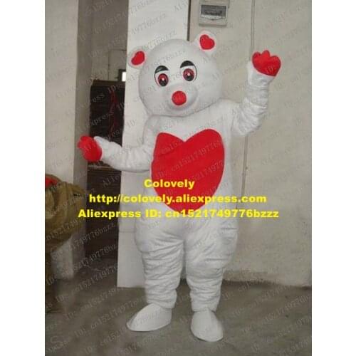 Lively White Bear Mascot Costume Mascotte With Small Red Heart Ears Big Red Bright Eyes Party Suit Adult No.2157 Free Shipping