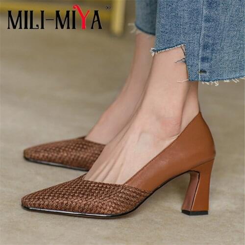 MILI-MIYA Fashion Pointed Toe Women Genuine Leather Pumps Thick Heel Slip On Solid Color Office Career Shoes Handmade For Ladies