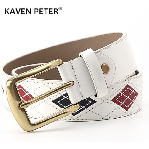 Male Leather White Belt Fashion Cowskin Embroidered Patchwork Strap Antique Brass Buckle Belts For Men Trouser Waistband