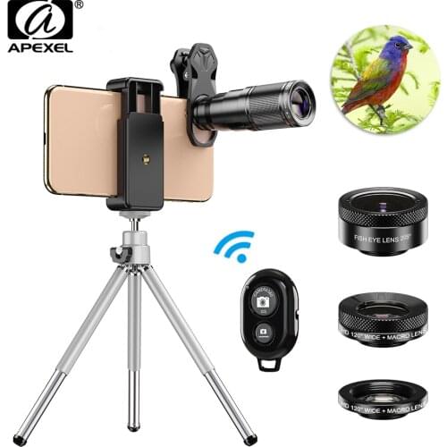 APEXEL Optic HD Phone Camera Lens Kit 4in1 Telephoto Zoom Monocular Telescope 22X Lens + Macro Wide Fisheye With Remote Tripod