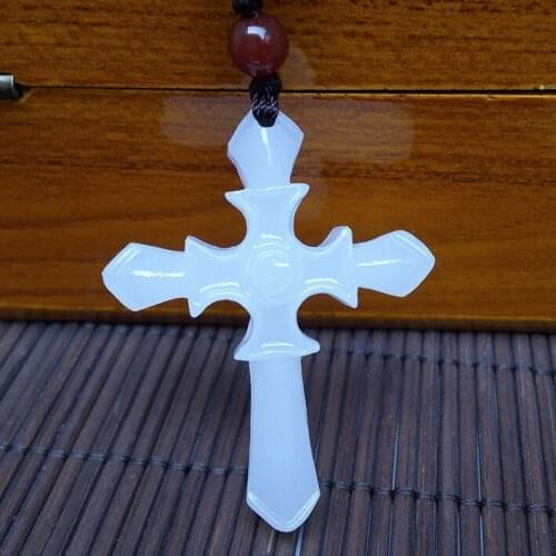 Natural White Afghanistan Stone Pendant Carved Cross Religious Pendant Necklace Gift for Men Women Jades Jewelry Free Rope