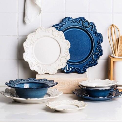 Dinner Plate Noodles Bowl Ceramics Plates For Food Dish Home Kitchen Utensil Porcelain Tableware Nordic Retro Relief Steak Plate