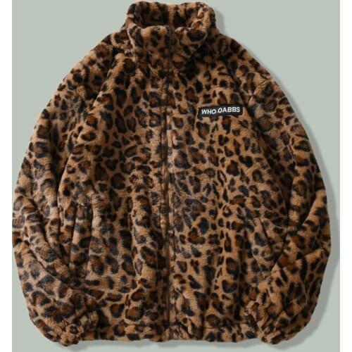 Harajuku Retro Leopard Print Parka Men Hip Hop Streetwear Loose Furry Parkas Winter Thicken Couple Oversized Unisex Jacket Coats