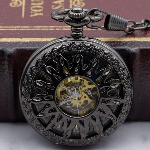 Luxury Sun Pattern Steampunk Retro Black Roman Num Pendant Mechanical Pocket Watch Waist Chain for Men Women PJX1330
