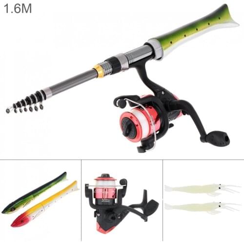 Telescopic Carbon Fishing Rod 1.6m Reel Line Soft Lure Luminous Shrimp Combo Fish Shaped Pocket Pen Sea Ice Fishing Pole Hot