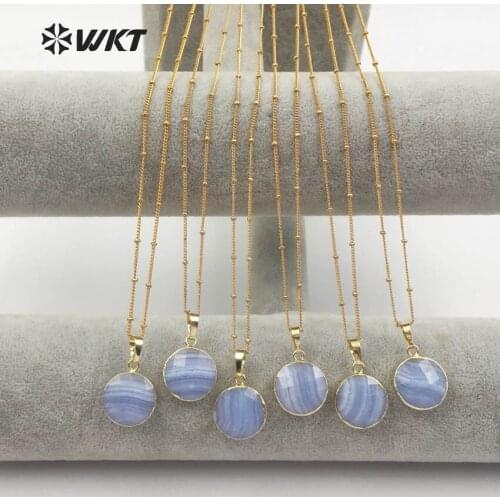 WT-N1139 WKT Wholesale Blue stone necklace round shape faceted pendant with 18inch long chain for lady girl making
