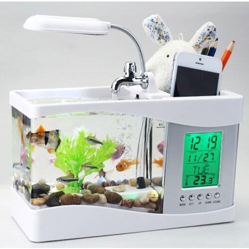 USB Desktop Mini Aquarium Fish Tank Beta Aquarium With LED Light LCD Display Screen And Clock Fish Tank Decoration With Pebbles