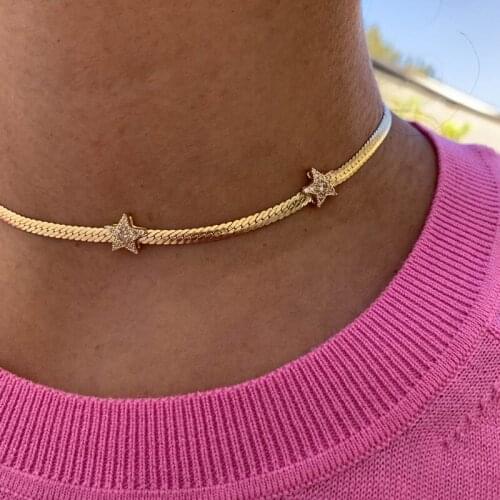 2021 Fashion European Women Gold Color Collar Chains 4MM Width Herringbone Snake Chain Micro Pave CZ Star Charm Choker Necklace