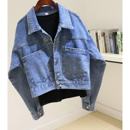 Spring Korean Bat sleeve Big Pocket Denim Jacket Coat Women Loose Short Outwear Harajuku Blue Jeans Jacket Female Chaqueta Mujer