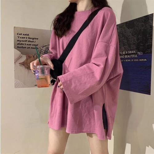 Harajuku Women Candy Colors Loose Tshirt Fashion Long Sleeve Side Slit T-shirts Female Casual Tops Clothes Streetwear Tees