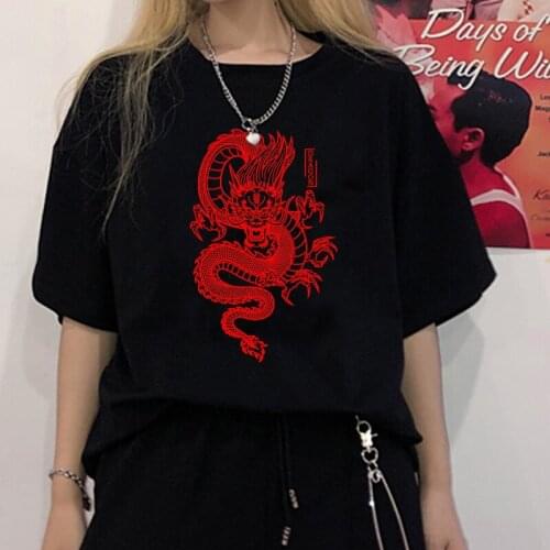 Punk Womens T-shirt Vintage Chinese Dragon Print Loose Top Summer Harajuku O-neck Short-sleeved T-shirt Gothic Streetwear Goth
