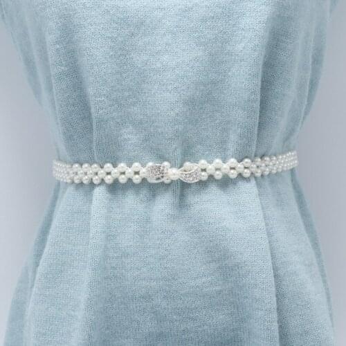 Womens 2020 New Bead Chain Waist Belt Fashion Wild Pearl Flower Decorative Elastic Dress Girdle Bohemian Slim Rhinestone Strap