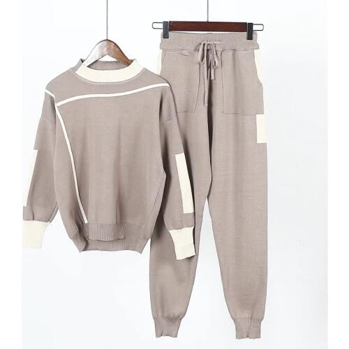 Amolapha Women Knitted Sweaters Pants 2PCS Track Suits Woman Casual Knitted Trousers+Jumper Tops Clothing Sets Vestidos