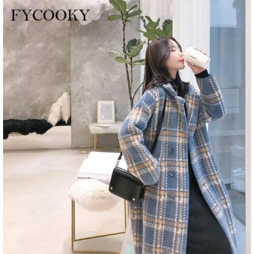 Vinage Plaid Wool Blend Coat Women Autumn Winter 2021 New Korean Loose Thick Long Knitted Sweater Jackets Oversized S-3XL