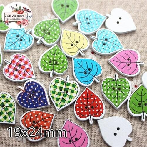 50pcs painting leaf Wooden Decorative Button 2 Holes Fit Sewing DIY Scrapbooking Craft mix color