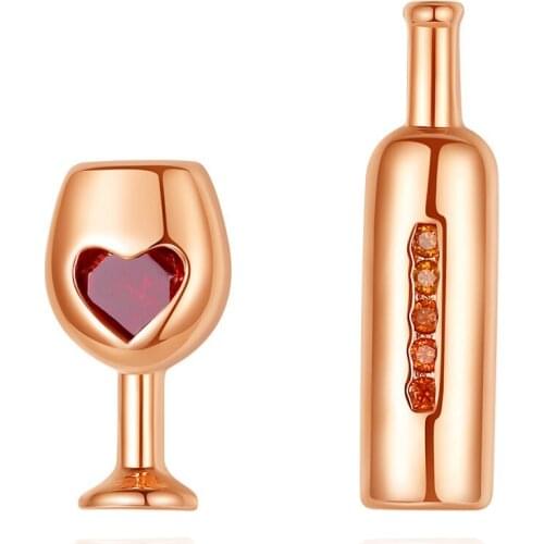 Asymmetric Love Wine Bottle Cup Stud Earrings Red Zircon Heart Stud Earrings Personalized Girl Bar Hip Hop Party Jewelry